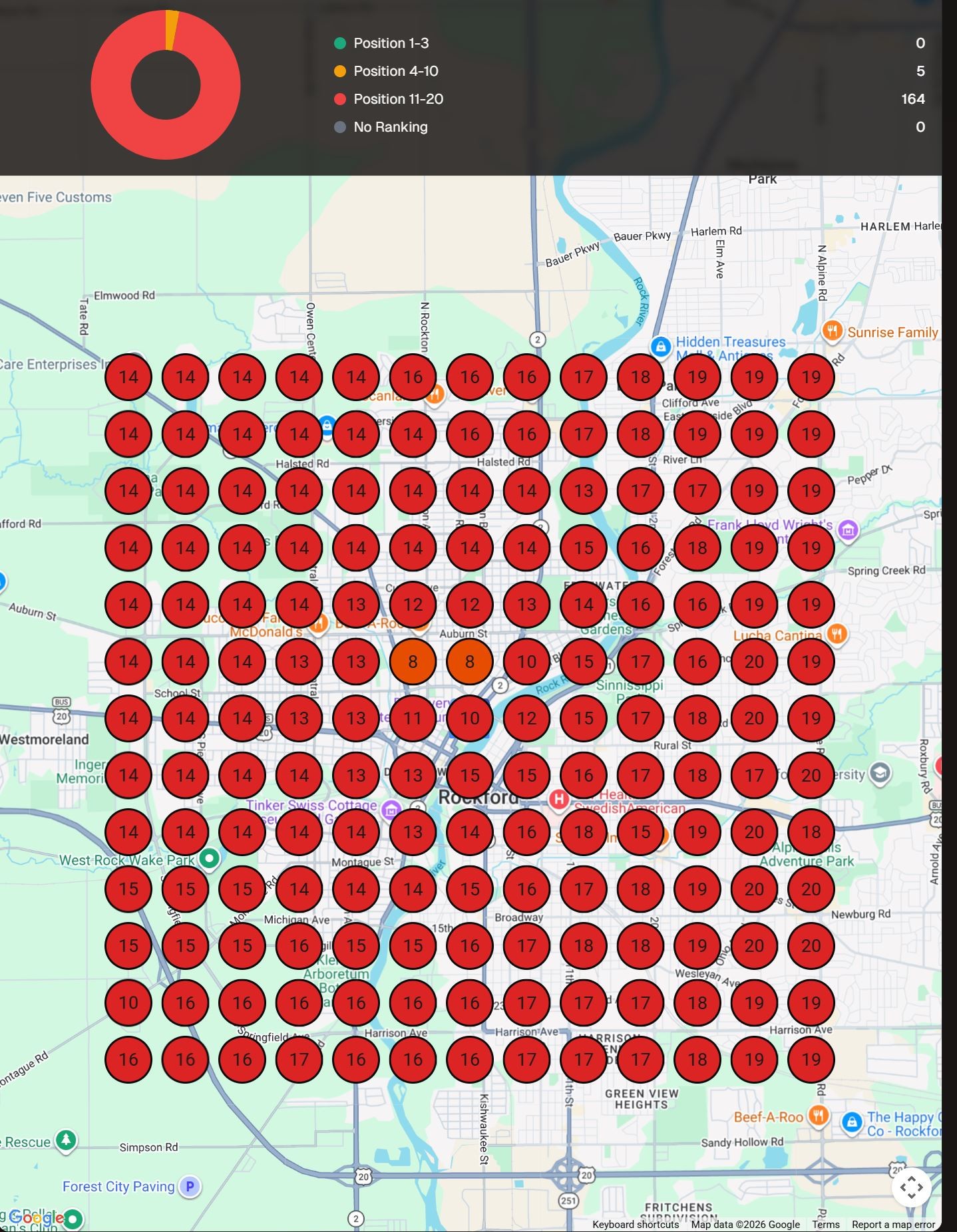 After: Google Maps heat map showing complete local dominance (all green) for Vernsten Law across Rockford